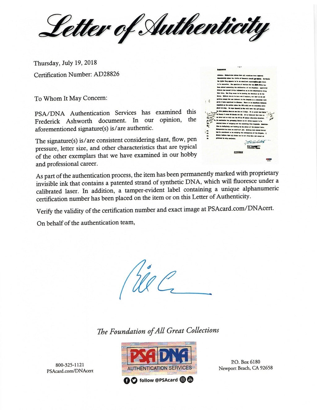 FREDERICK ASHWORTH SIGNED DOCUMENT PSA DNA AD28826 (D) WWII PROJECT ALBERTA1