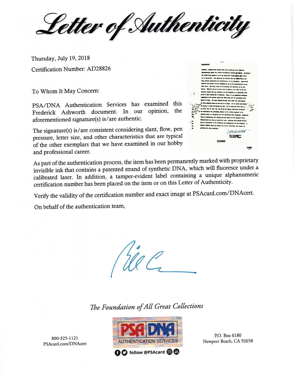 FREDERICK ASHWORTH SIGNED DOCUMENT PSA DNA AD28826 (D) WWII PROJECT ALBERTA1