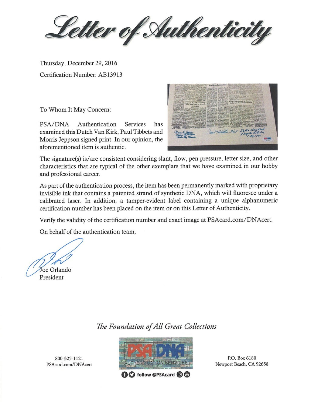 ENOLA GAY CREW SIGNED NEW YORK TIMES FRONT PAGE PRINT PSA DNA AB13913 (D) X31