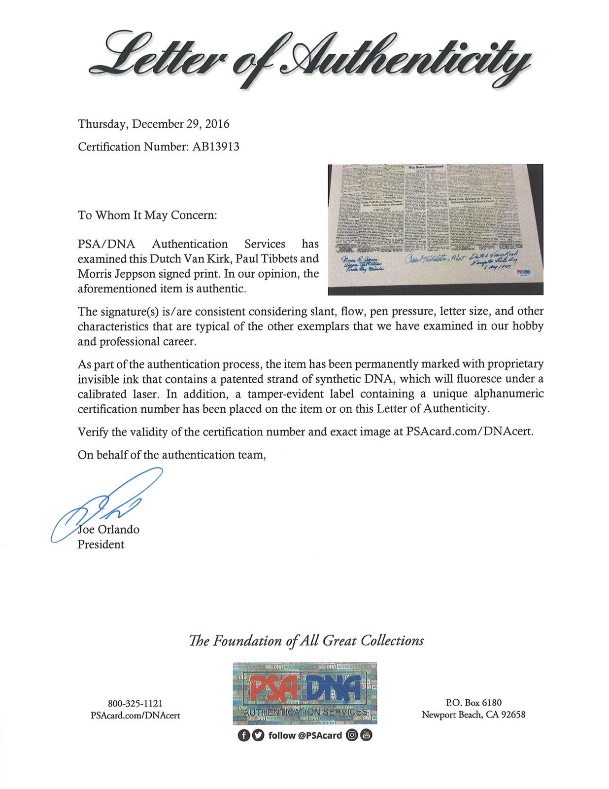 ENOLA GAY CREW SIGNED NEW YORK TIMES FRONT PAGE PRINT PSA DNA AB13913 (D) X31