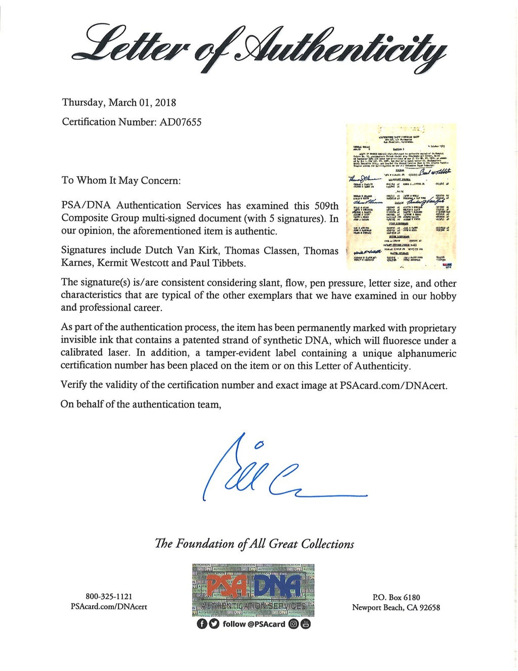 509th COMP GROUP MULTI SIGNED BRONZE STAR DOCUMENT PSA DNA AD07655 (D) X51