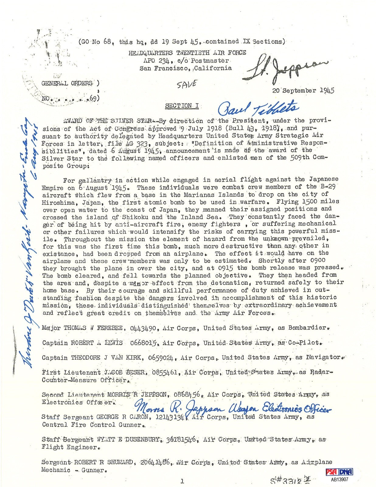 TIBBETS /VAN KIRK / JEPPSON SIGNED SILVER STAR DOCUMENT PSA DNA AB139070