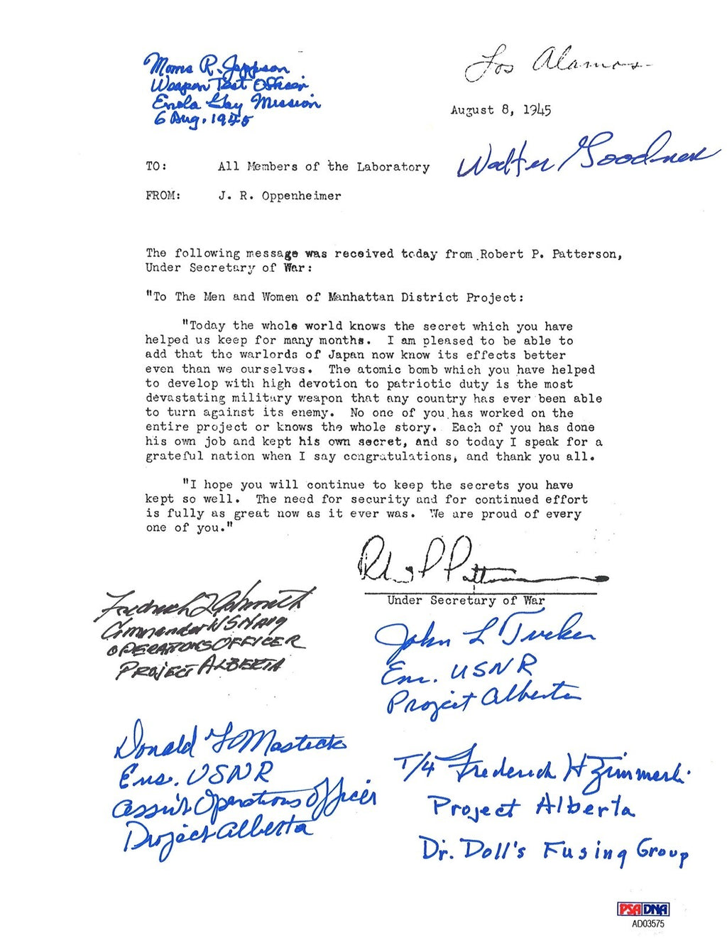 PROJECT ALBERTA MULTI SIGNED LOS ALAMOS DOCUMENT PSA DNA AD03575 x6 RARE0
