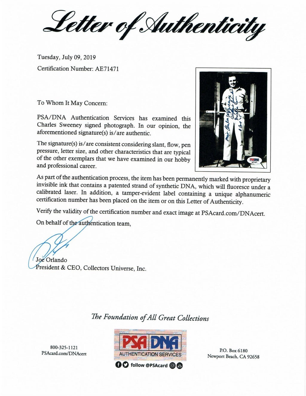 CHARLES SWEENEY SIGNED 5x7 PHOTO PSA DNA AE71471 (D) WWII PILOT BOCKSCAR C-151