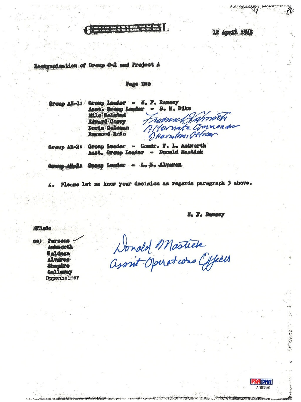 FREDERICK ASHWORTH / DON MASTICK SIGNED PROJECT ALBERTA DOCUMENT PSA DNA AD035790