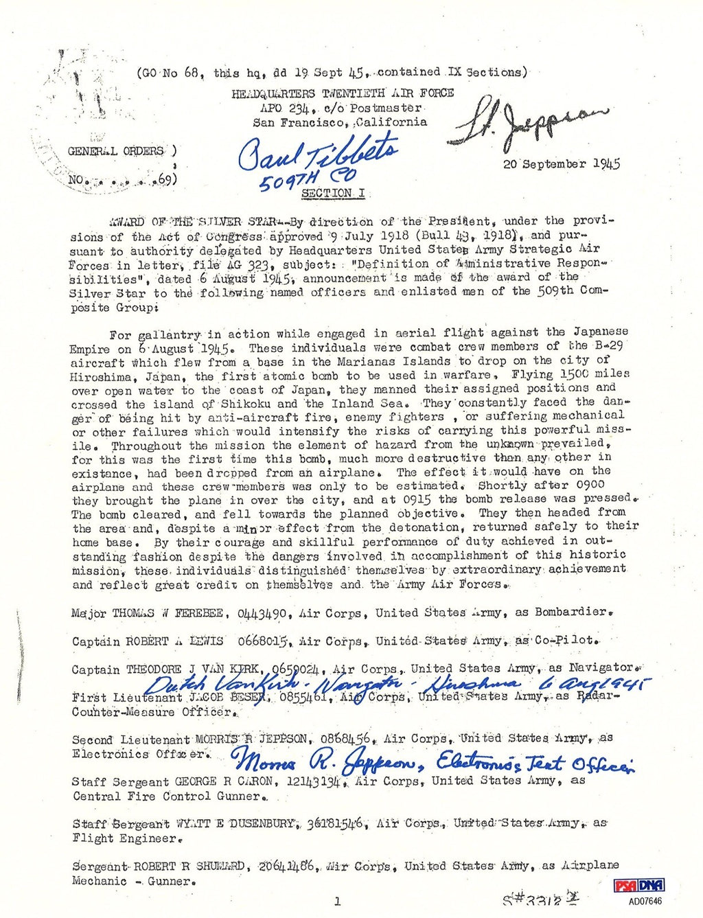 TIBBETS / VAN KIRK / JEPPSON SIGNED SILVER STAR DOCUMENT PSA DNA AD076460