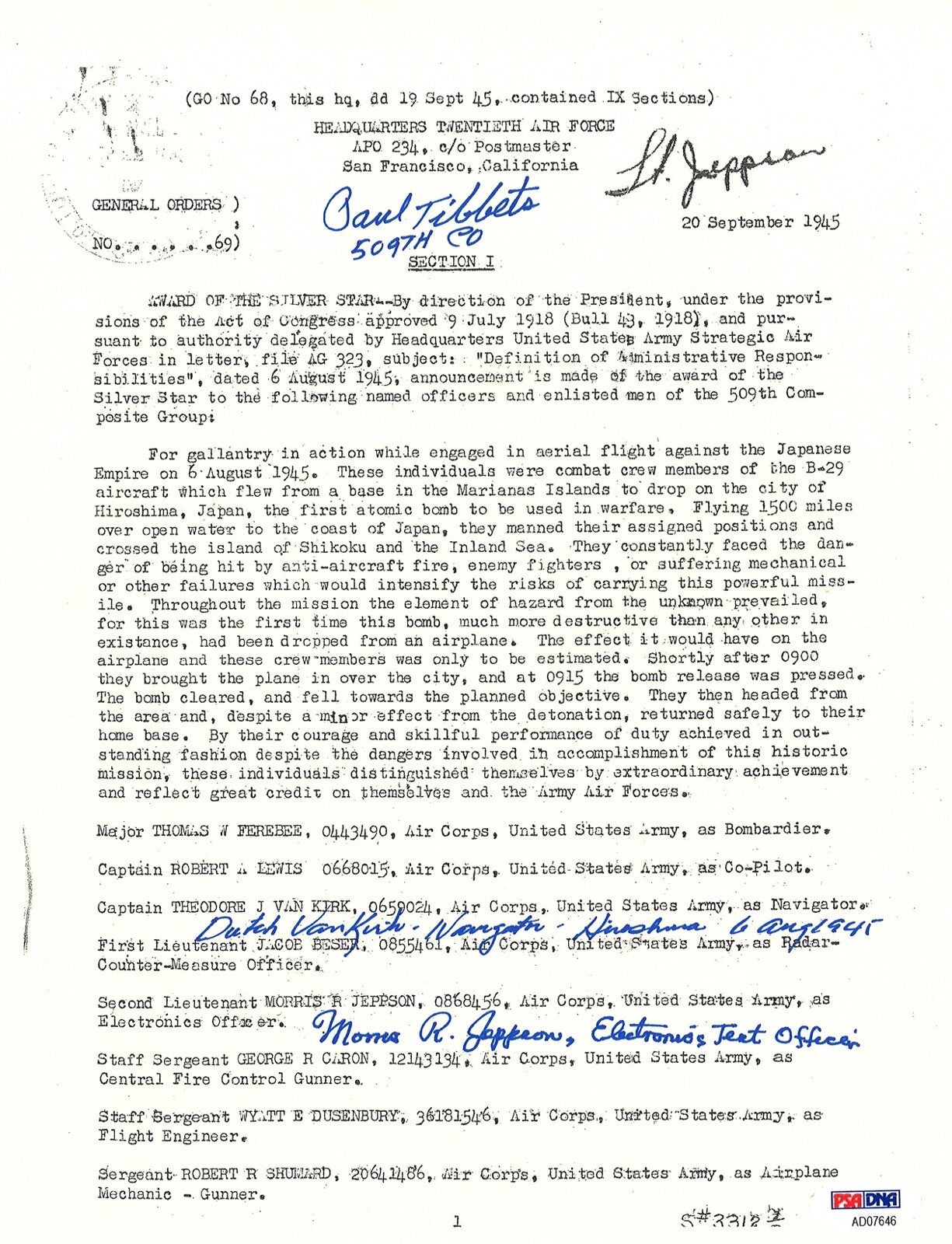 TIBBETS / VAN KIRK / JEPPSON SIGNED SILVER STAR DOCUMENT PSA DNA AD076460