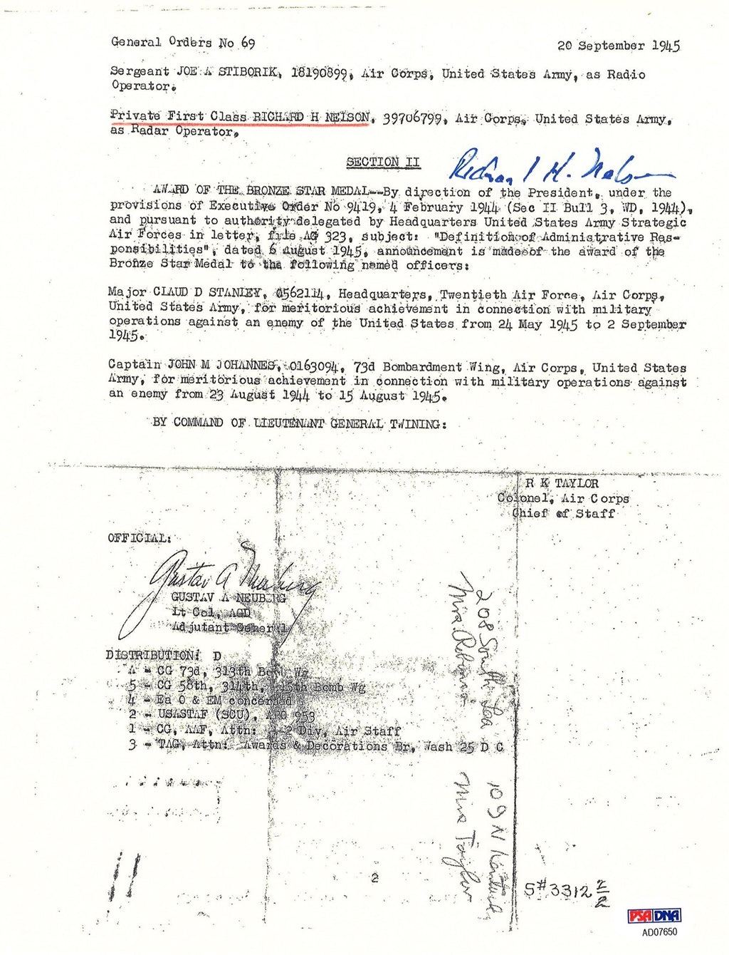 RICHARD NELSON SIGNED SILVER STAR DOCUMENT PSA DNA AD07650 (D) ENOLA GAY0
