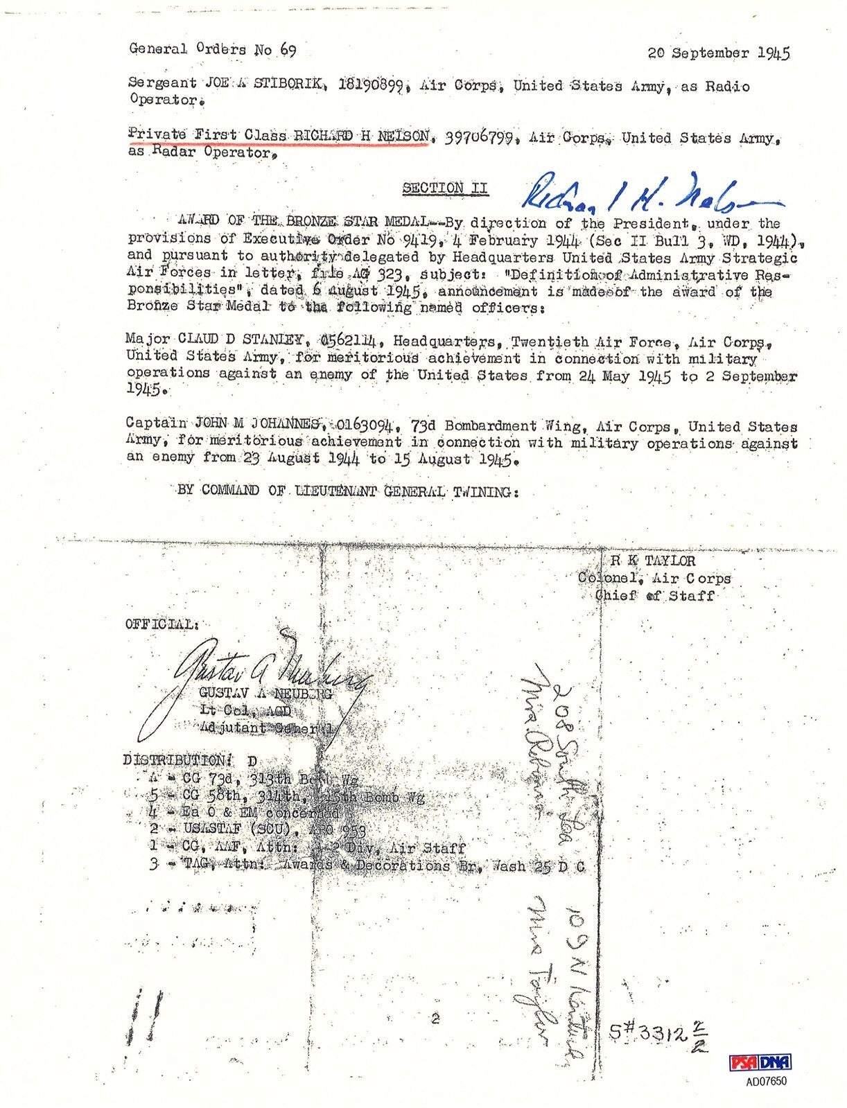 RICHARD NELSON SIGNED SILVER STAR DOCUMENT PSA DNA AD07650 (D) ENOLA GAY0