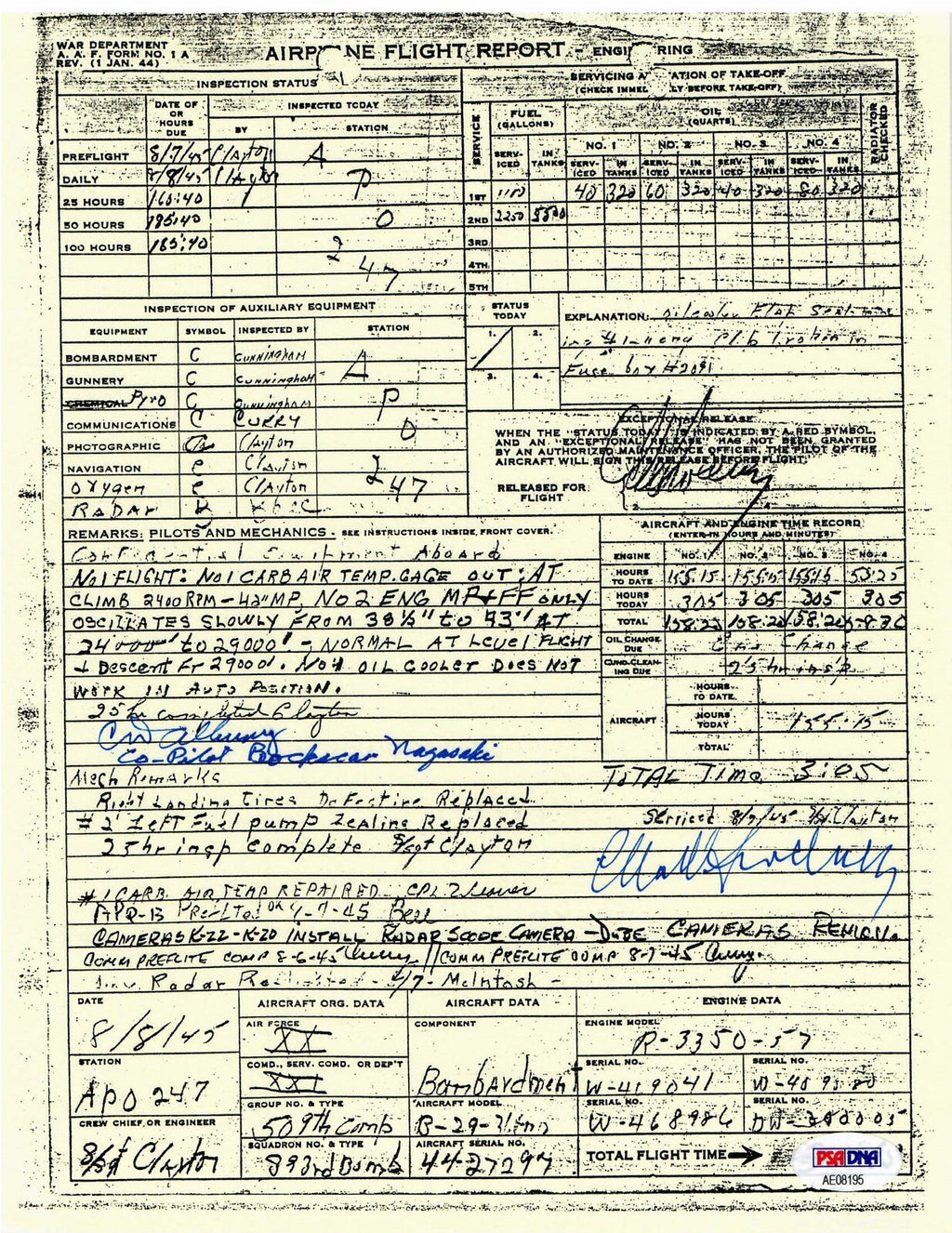 SWEENEY ALBURY SIGNED FLIGHT DOCUMENT PSA DNA AE08195 (D) BOCKSCAR NAGASAKI0