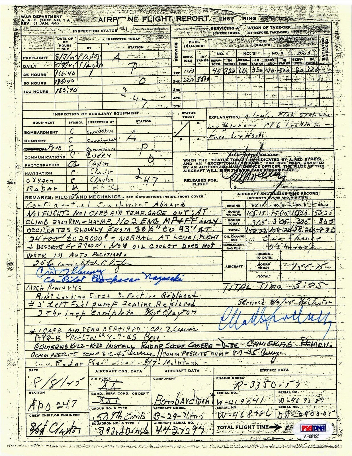 SWEENEY ALBURY SIGNED FLIGHT DOCUMENT PSA DNA AE08195 (D) BOCKSCAR NAGASAKI0
