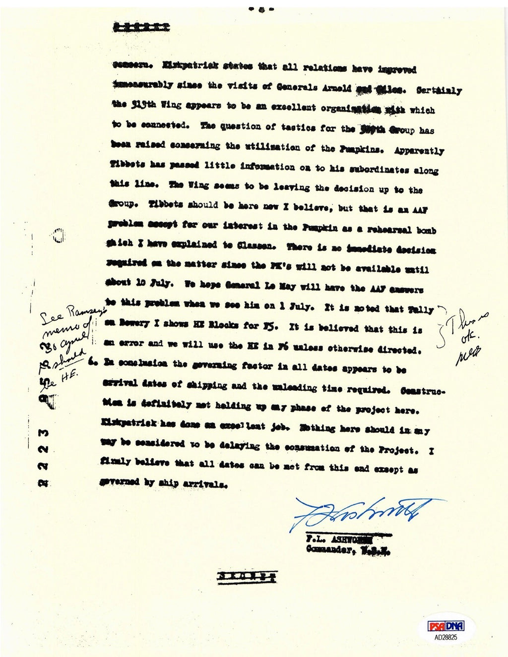 FREDERICK ASHWORTH SIGNED DOCUMENT PSA DNA AD28825 (D) WWII PROJECT ALBERTA0