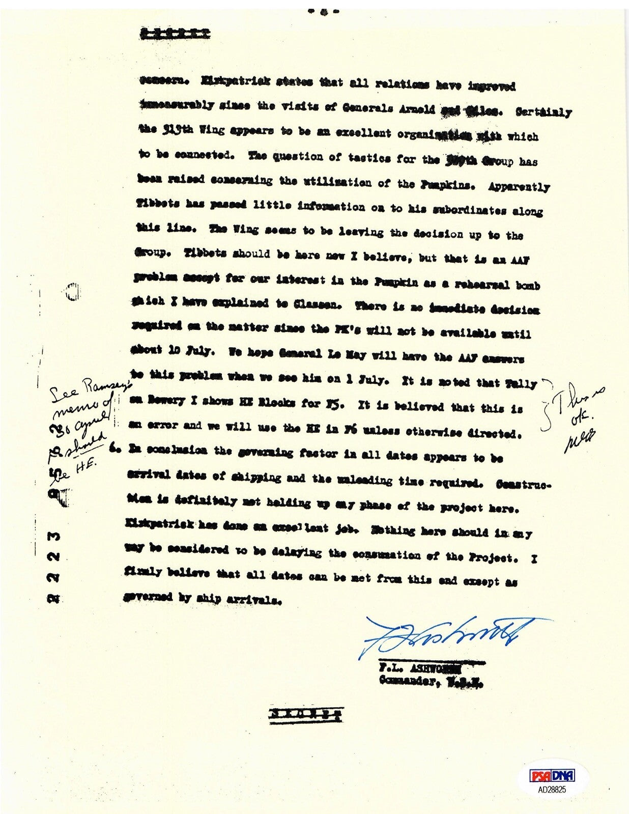 FREDERICK ASHWORTH SIGNED DOCUMENT PSA DNA AD28825 (D) WWII PROJECT ALBERTA0