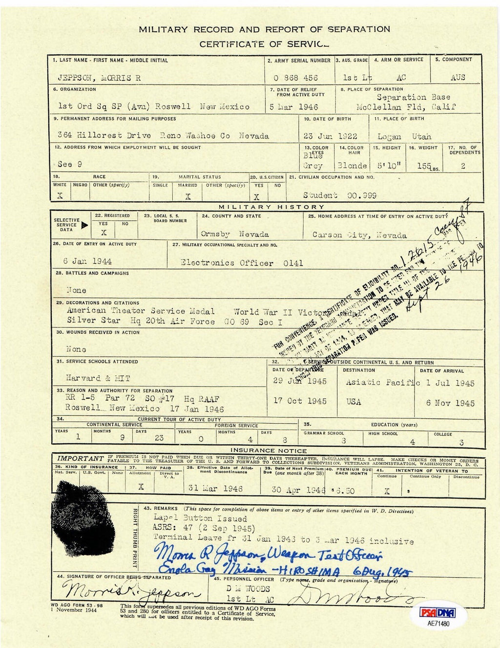 MORRIS JEPPSON SIGNED SERVICE DOCUMENT PSA DNA AE71480 ENOLA GAY ETO (D)0