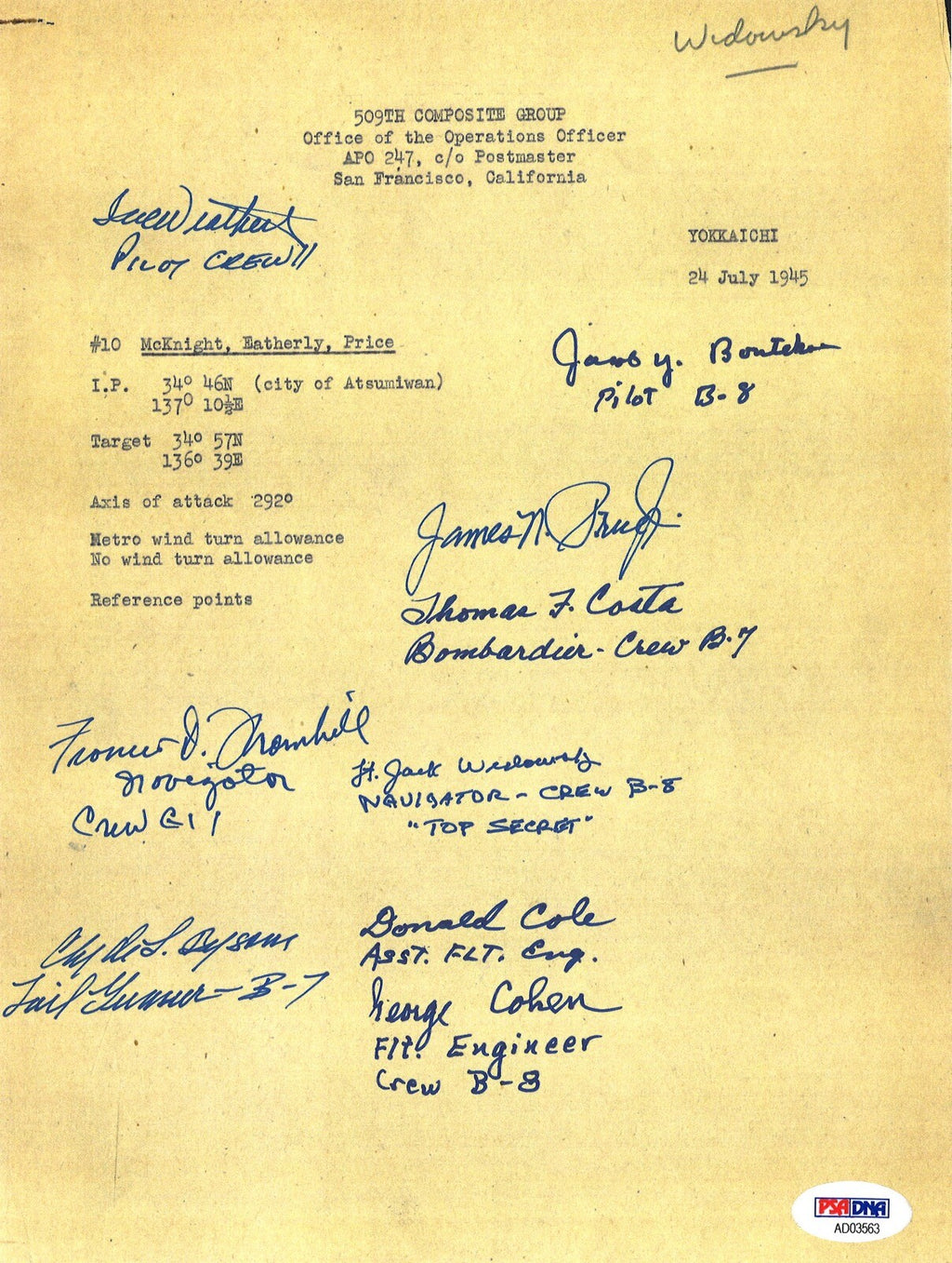 509TH COMPOSITE GROUP MULTI SIGNED YOKKAICHI DOCUMENT PSA DNA AD03563 X90