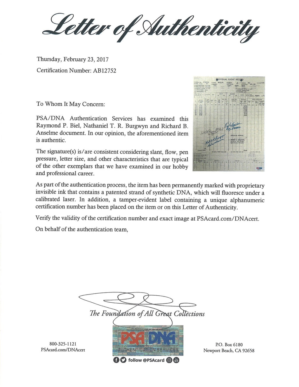 ANSELME / BIEL / BURGWYN SIGNED FLIGHT RECORD PSA DNA AB12752 (D) WWII1