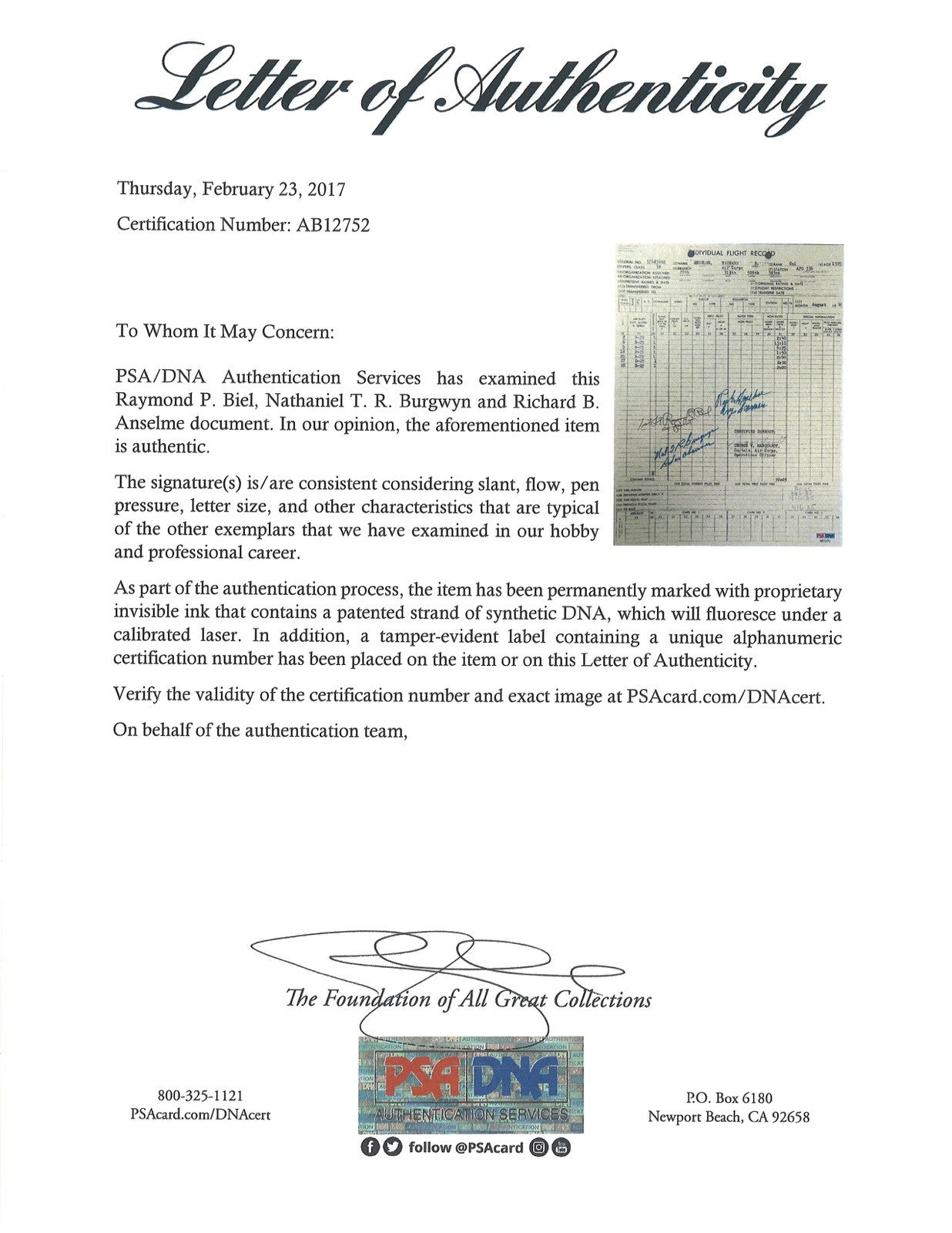 ANSELME / BIEL / BURGWYN SIGNED FLIGHT RECORD PSA DNA AB12752 (D) WWII1