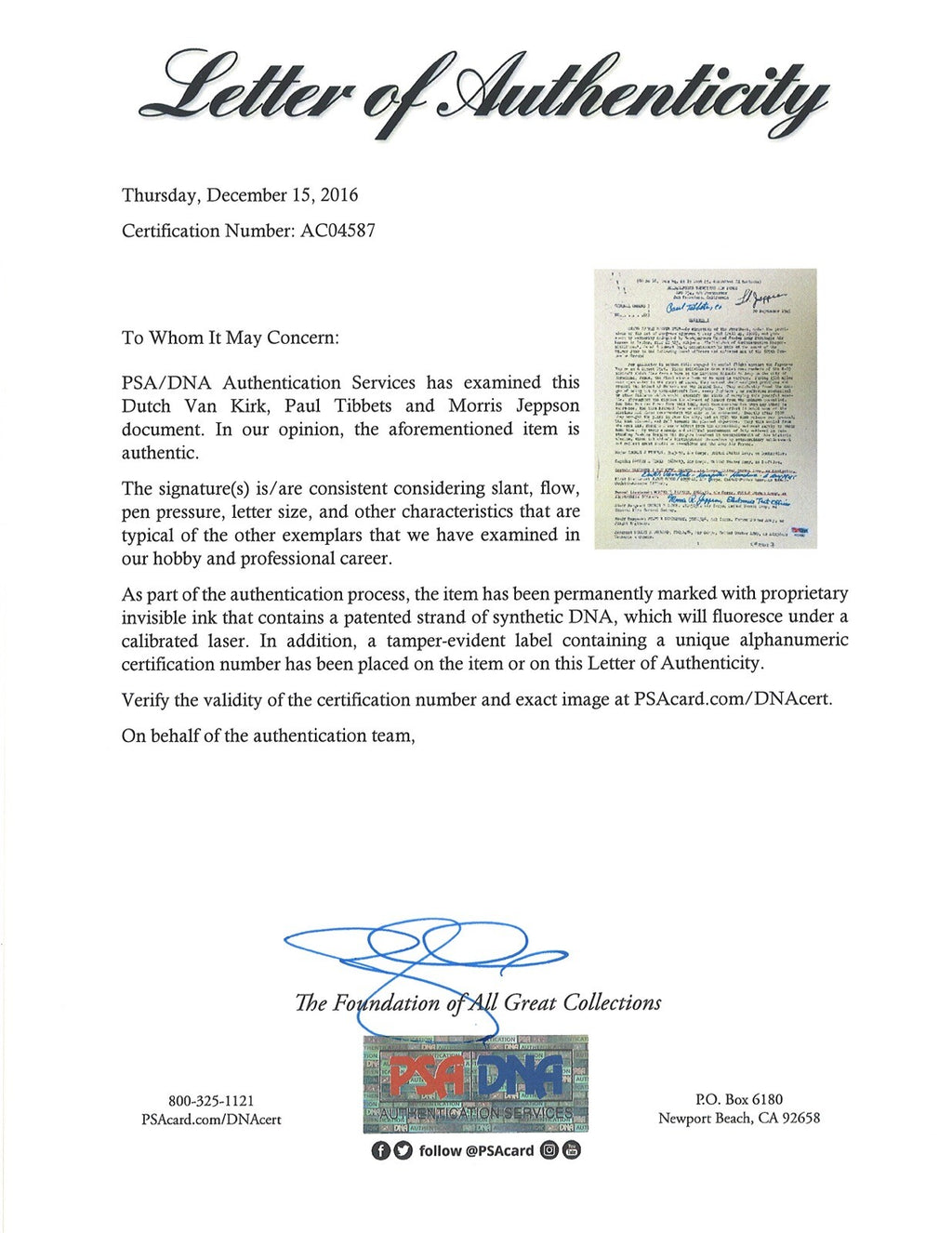 TIBBETS /VAN KIRK / JEPPSON SIGNED SILVER STAR DOCUMENT PSA DNA AC045871
