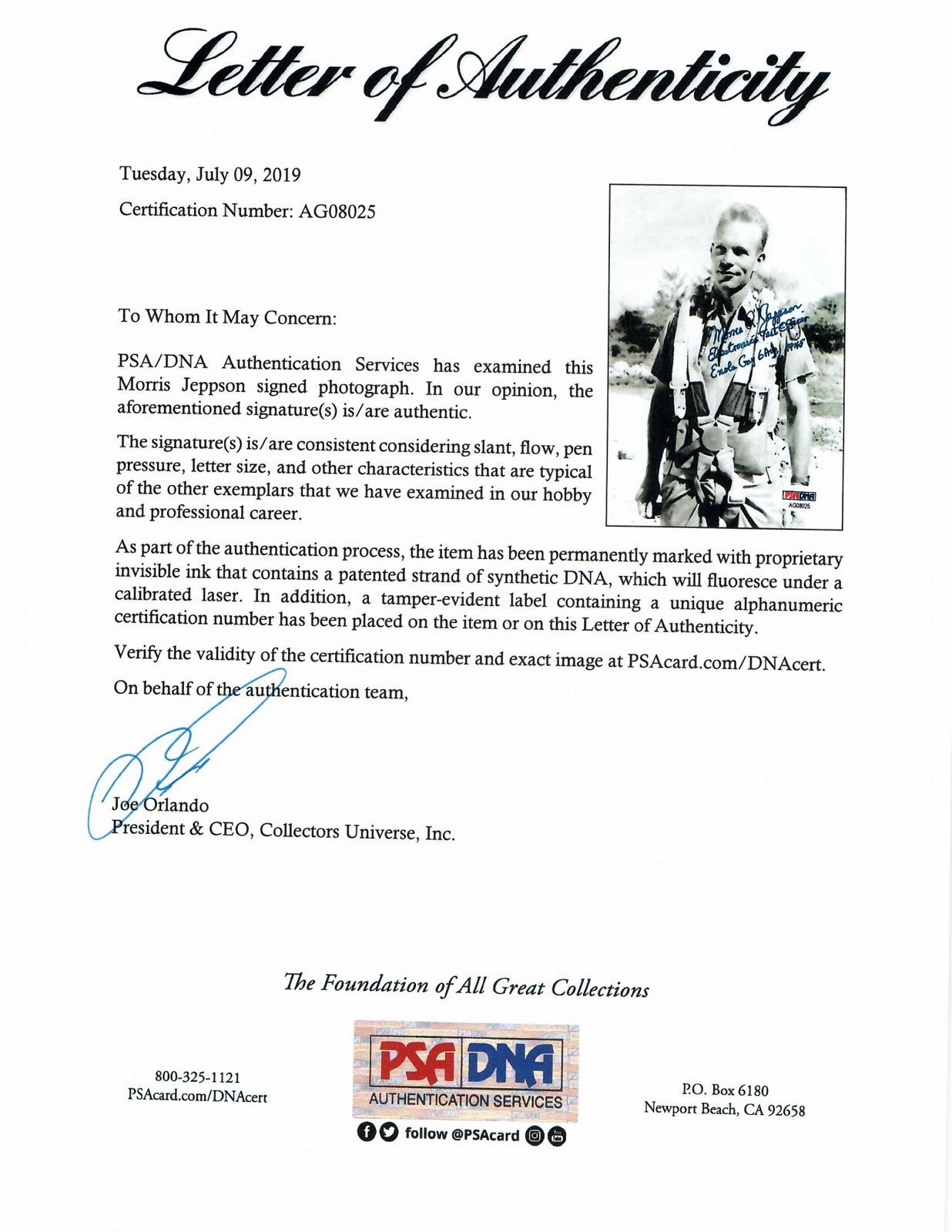 MORRIS JEPPSON SIGNED 5X7 PSA DNA AG08025 (D) WWII ENOLA GAY ETO1