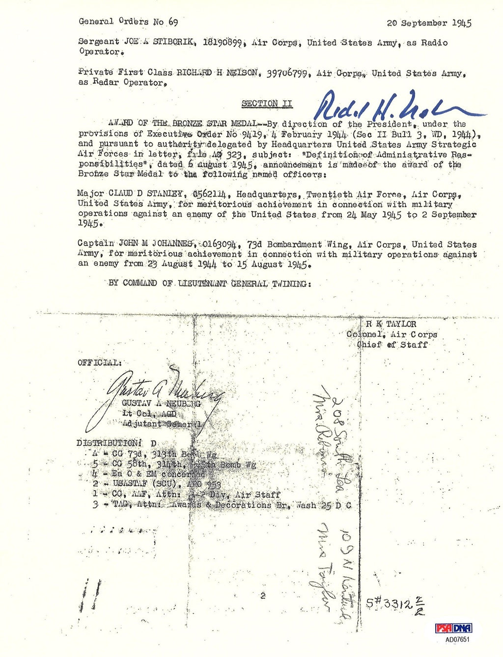 RICHARD NELSON SIGNED SILVER STAR DOCUMENT PSA DNA AD07651 (D) ENOLA GAY0