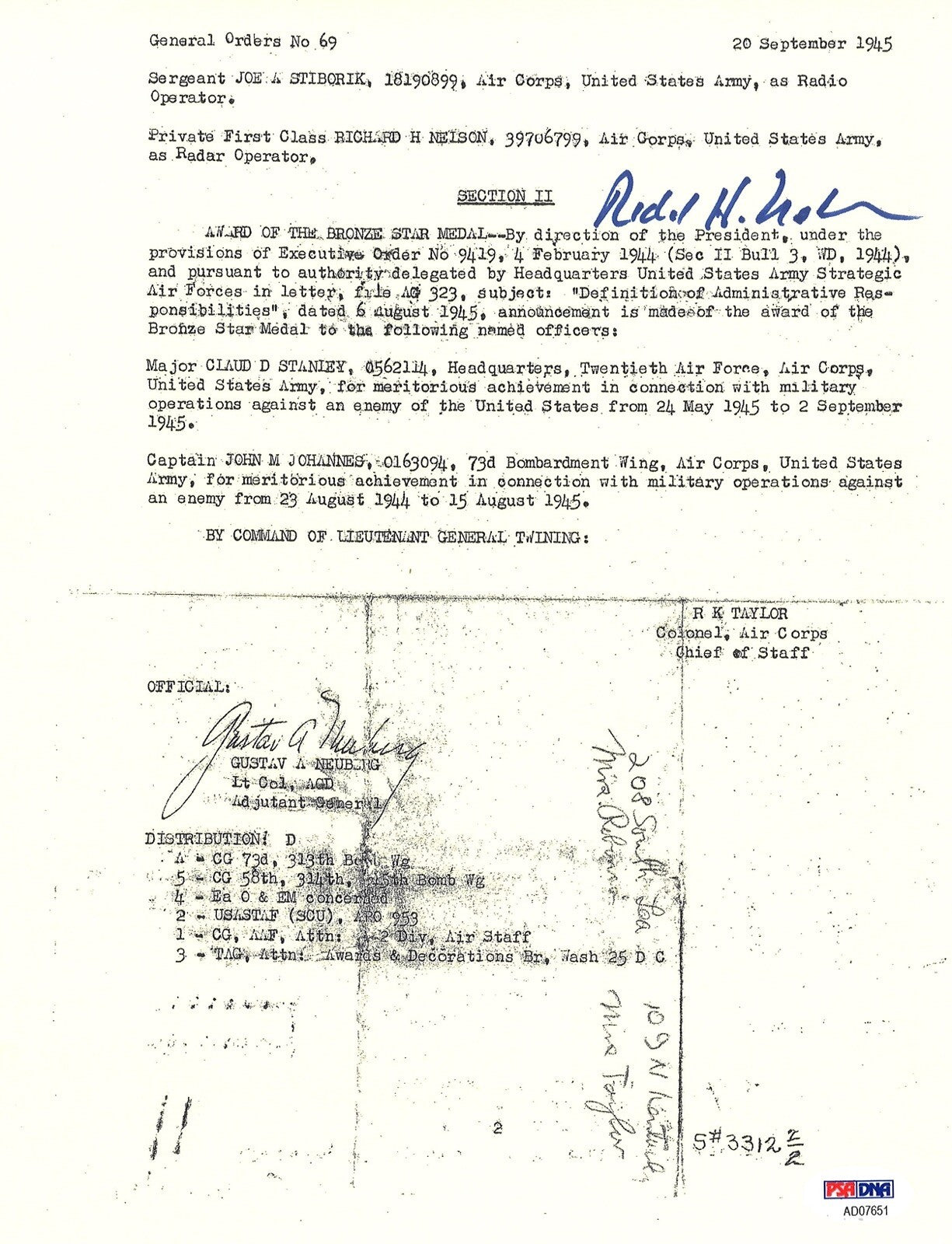RICHARD NELSON SIGNED SILVER STAR DOCUMENT PSA DNA AD07651 (D) ENOLA GAY0