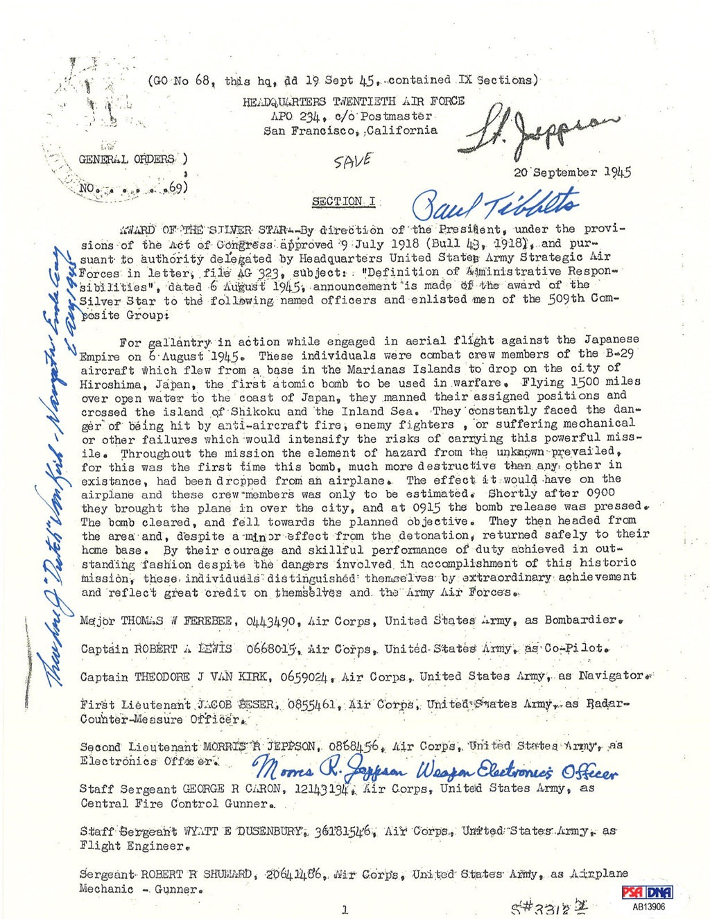TIBBETS /VAN KIRK / JEPPSON SIGNED SILVER STAR DOCUMENT PSA DNA AB139060