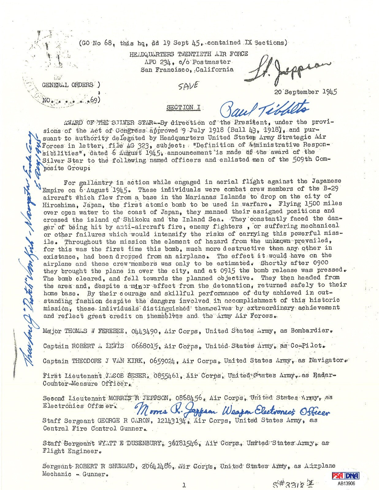 TIBBETS /VAN KIRK / JEPPSON SIGNED SILVER STAR DOCUMENT PSA DNA AB139060