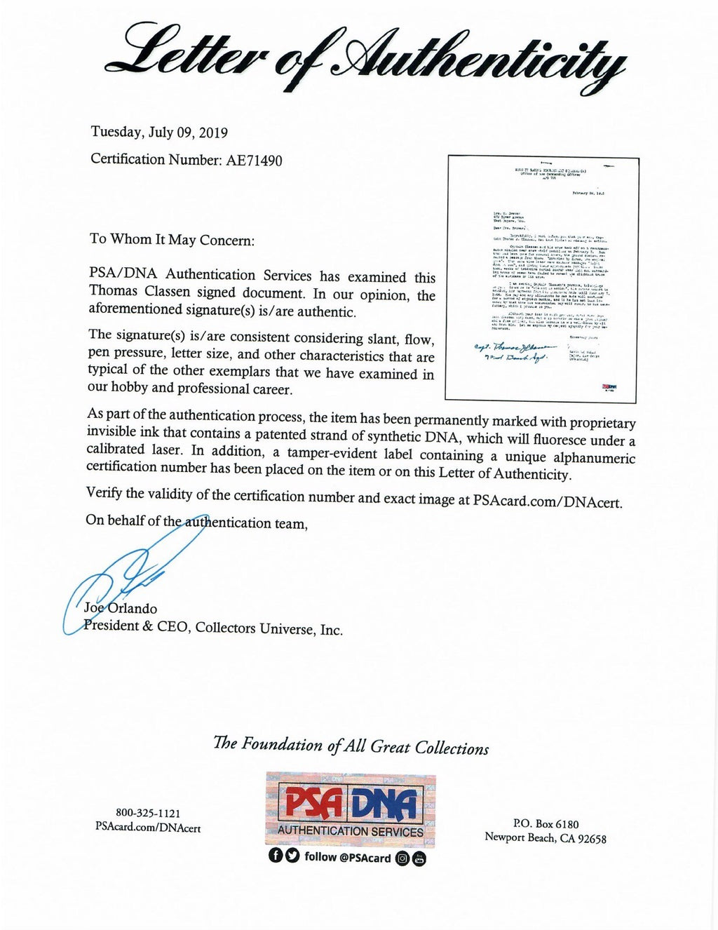 THOMAS CLASSEN SIGNED PSA DNA AE71490 (D) WWII MIA LETTER 509TH COMP GROUP1