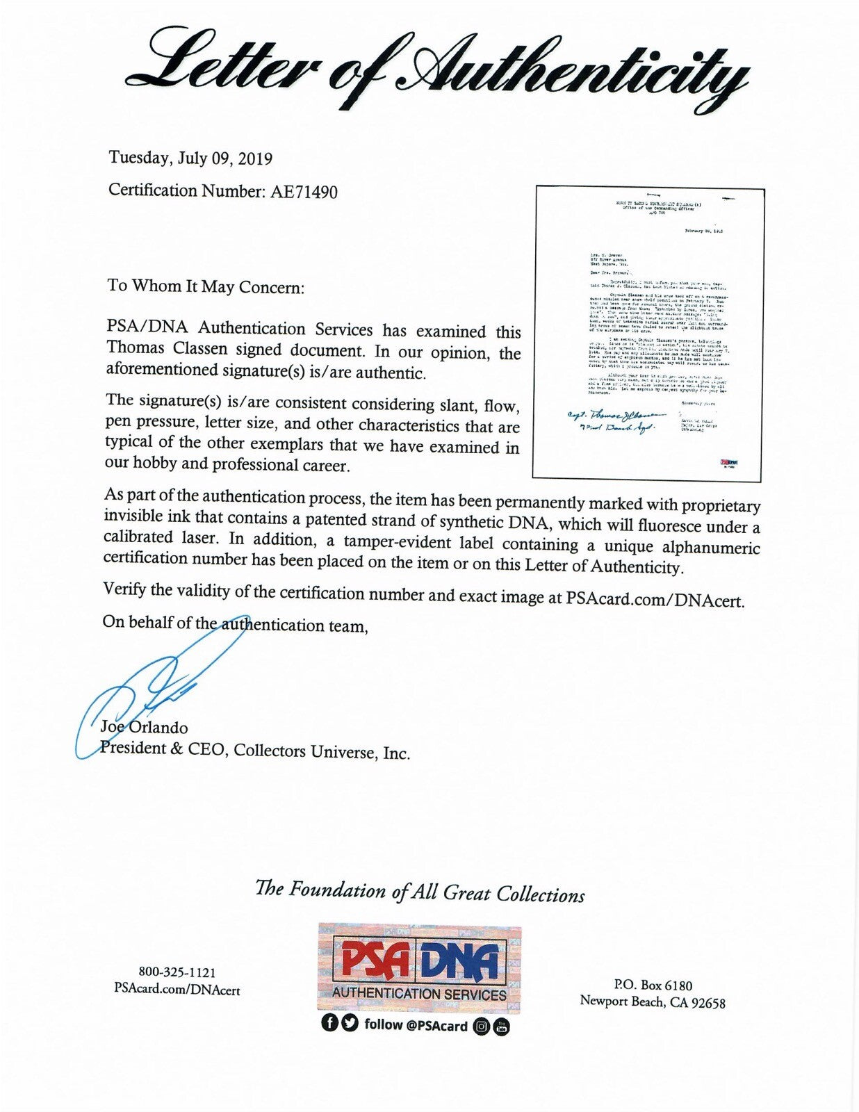 THOMAS CLASSEN SIGNED PSA DNA AE71490 (D) WWII MIA LETTER 509TH COMP GROUP1