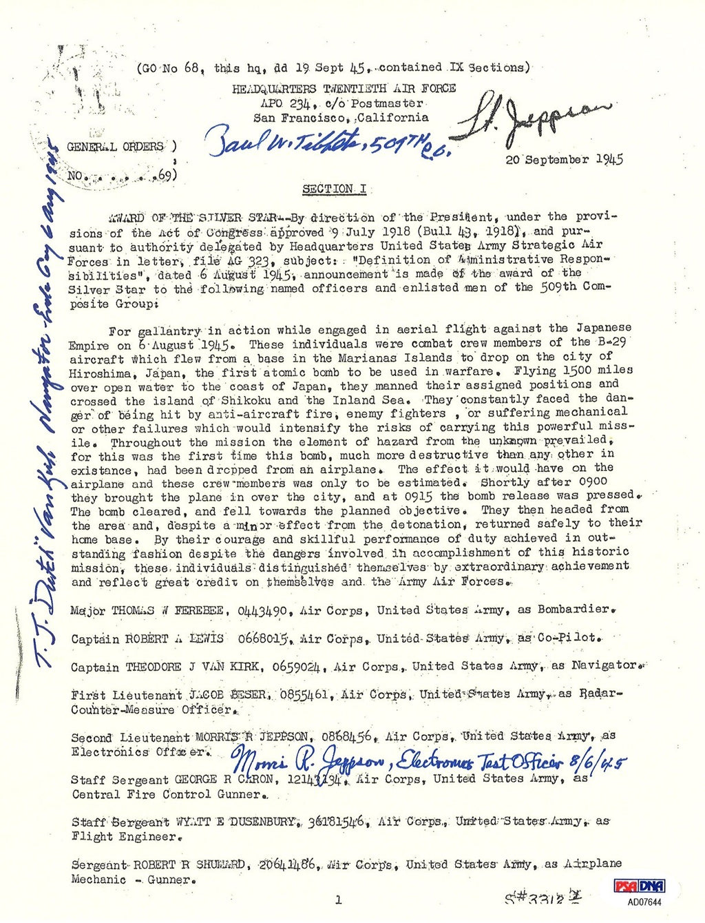 TIBBETS /VAN KIRK / JEPPSON SIGNED SILVER STAR DOCUMENT PSA DNA AD076440