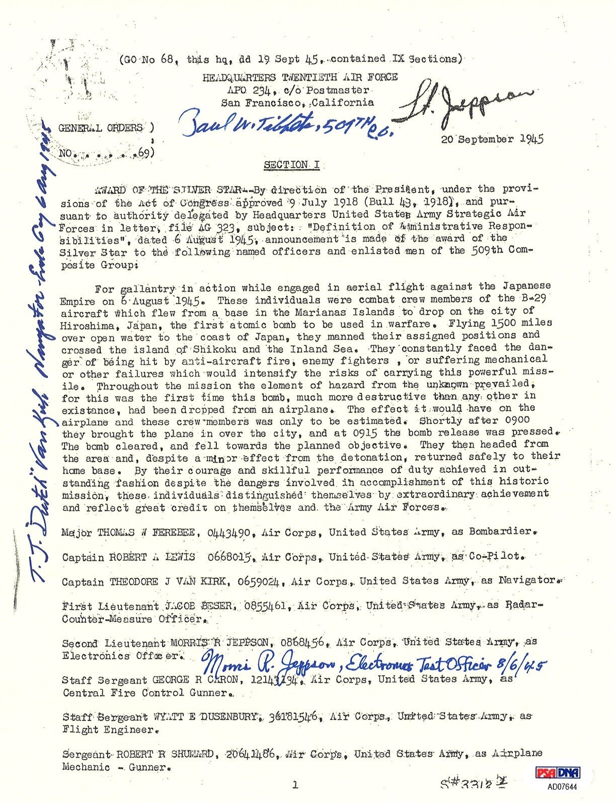TIBBETS /VAN KIRK / JEPPSON SIGNED SILVER STAR DOCUMENT PSA DNA AD076440