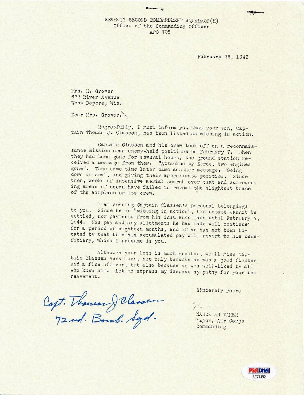 THOMAS CLASSEN SIGNED PSA DNA AE71492 (D) WWII MIA LETTER 509TH COMP GROUP0