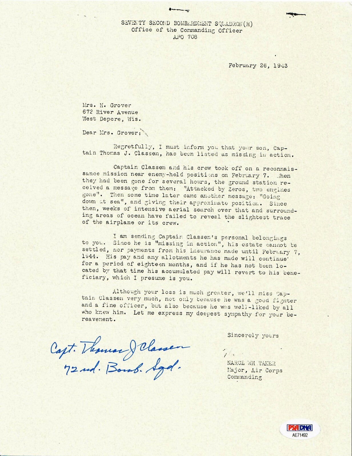 THOMAS CLASSEN SIGNED PSA DNA AE71492 (D) WWII MIA LETTER 509TH COMP GROUP0