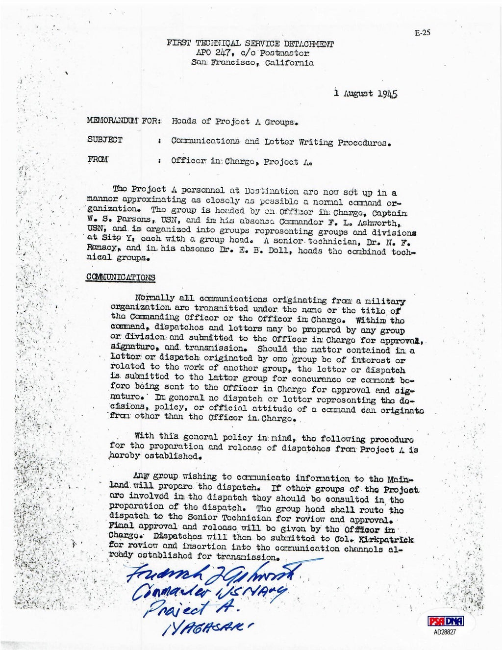 FREDERICK ASHWORTH SIGNED DOCUMENT PSA DNA AD28827 (D) WWII PROJECT ALBERTA0