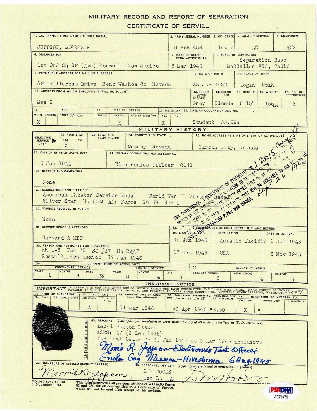MORRIS JEPPSON SIGNED SERVICE DOCUMENT PSA DNA AE71479 ENOLA GAY ETO (D)0