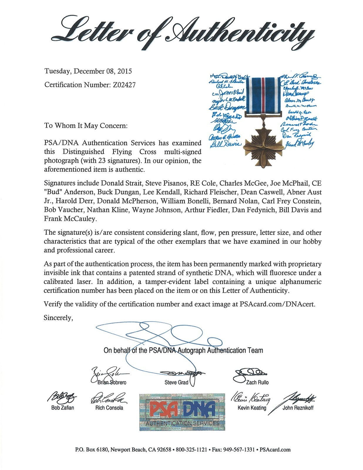 DISTINGUISHED FLYING CROSS MULTI SIGNED 8X10 PSA DNA X23 WWII VETERANS RARE1