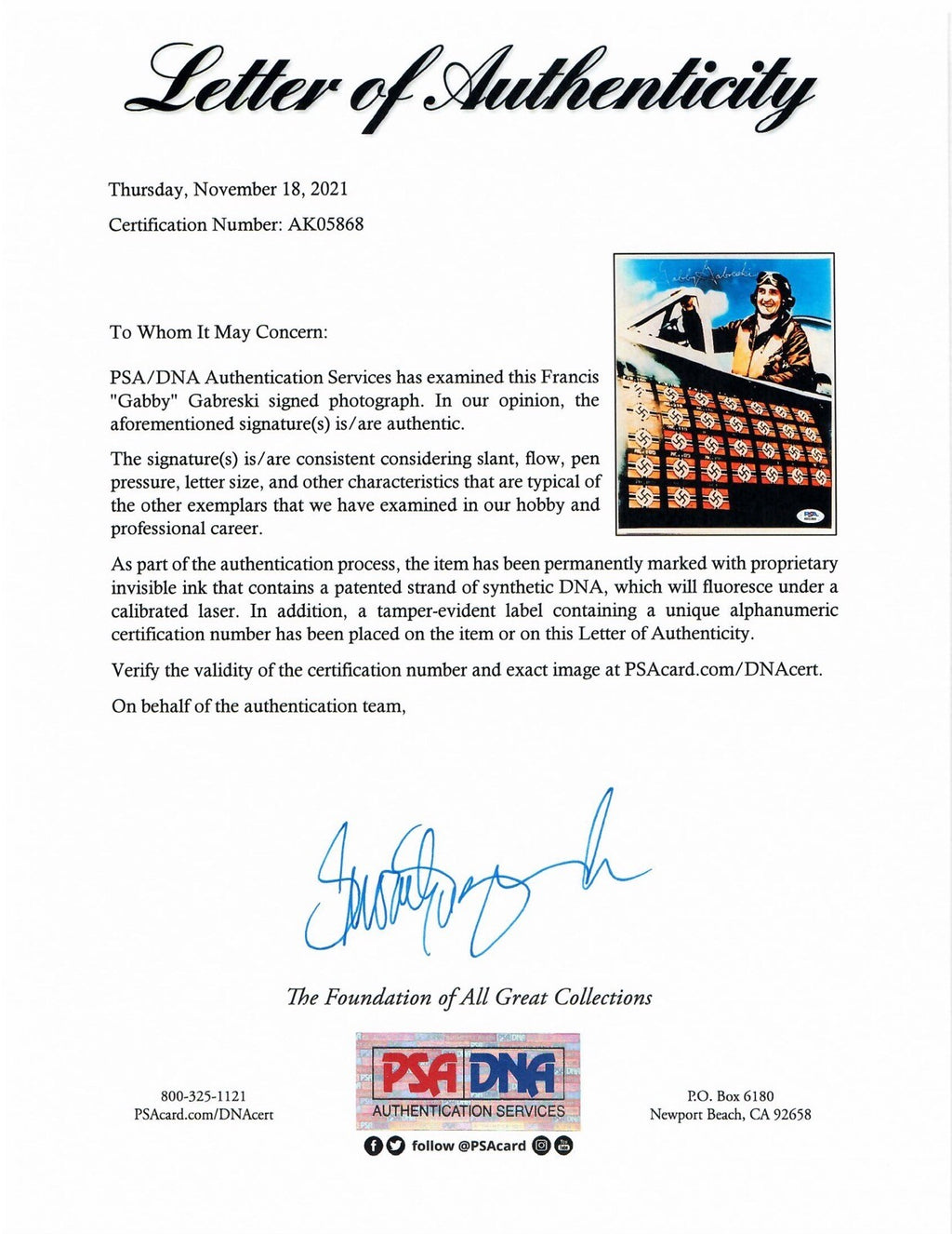 FRANCIS GABBY GABRESKI SIGNED 8X10 PSA DNA (D) WWII ACE 34.5V1