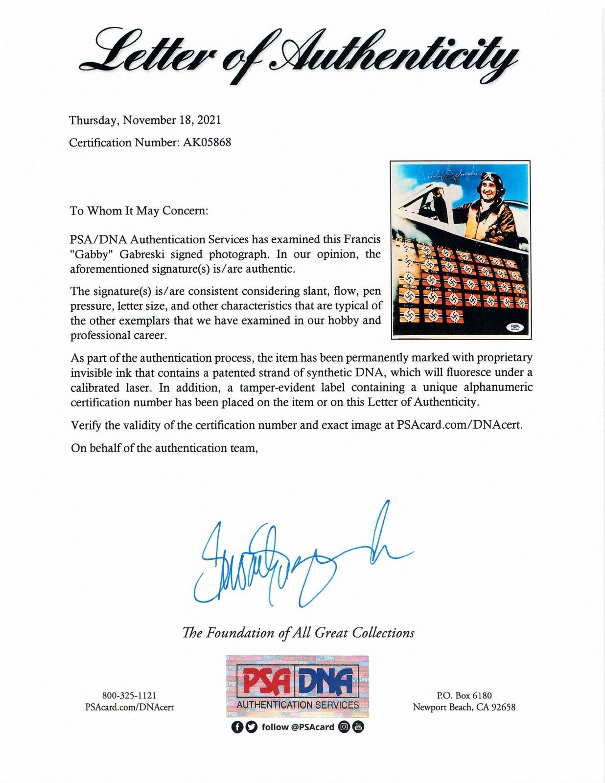 FRANCIS GABBY GABRESKI SIGNED 8X10 PSA DNA (D) WWII ACE 34.5V1