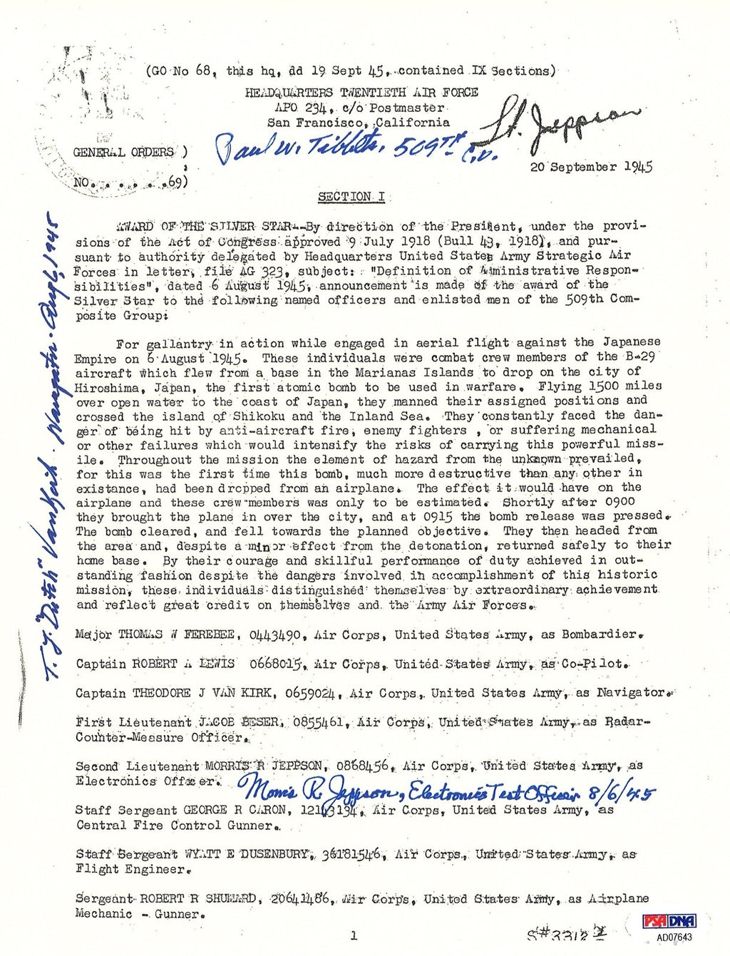 TIBBETS / VAN KIRK / JEPPSON SIGNED SILVER STAR DOCUMENT PSA DNA AD076430