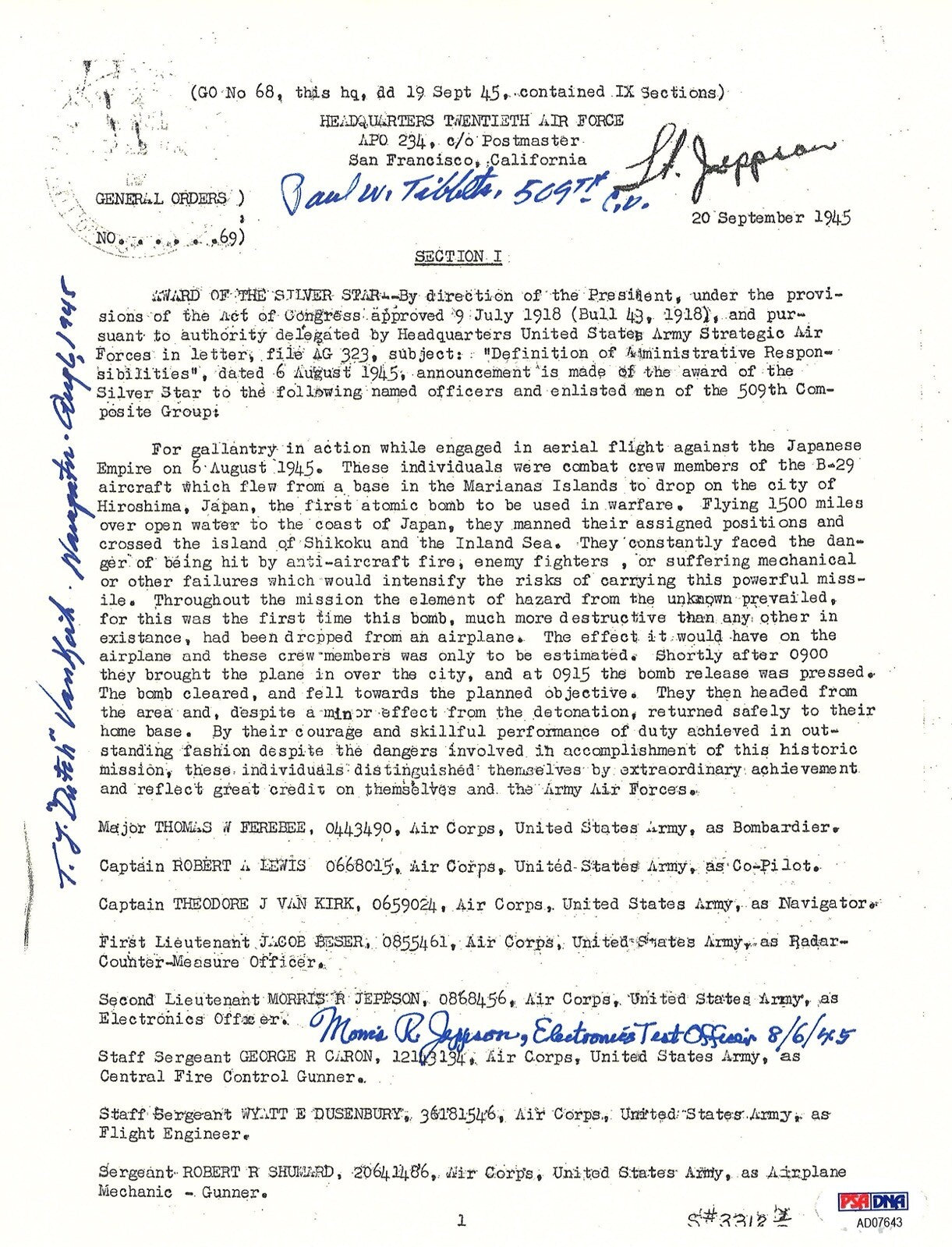 TIBBETS / VAN KIRK / JEPPSON SIGNED SILVER STAR DOCUMENT PSA DNA AD076430