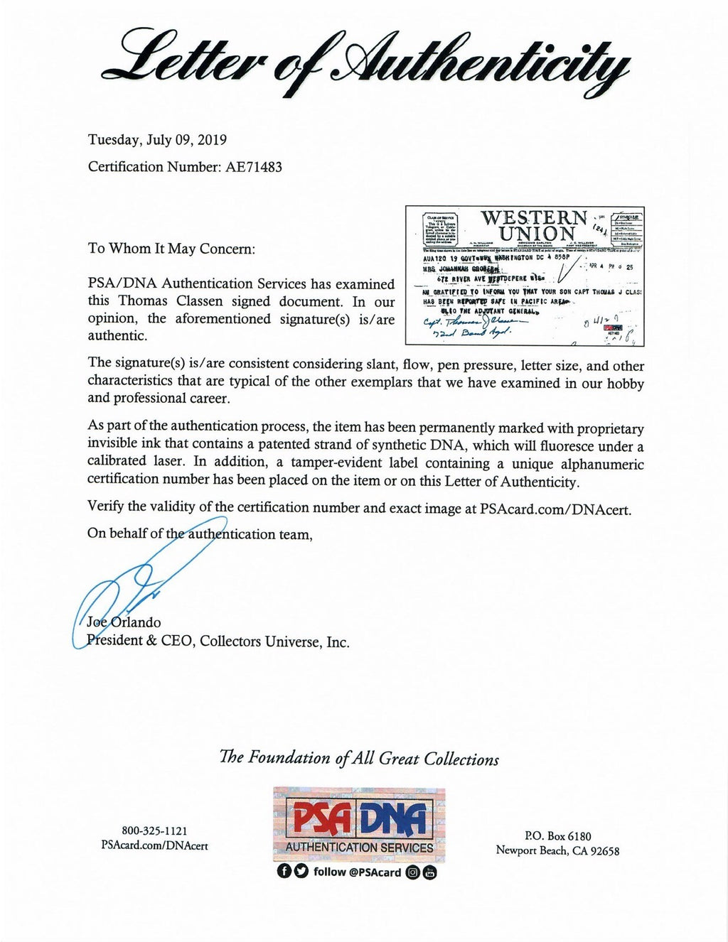 THOMAS CLASSEN SIGNED WESTERN UNION DOCUMENT PSA DNA AE71483 (D) WWII 72ND BS1