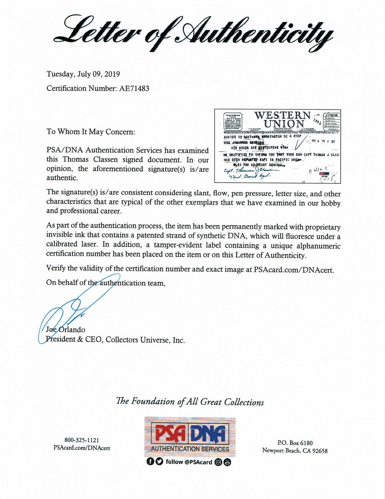 THOMAS CLASSEN SIGNED WESTERN UNION DOCUMENT PSA DNA AE71483 (D) WWII 72ND BS1