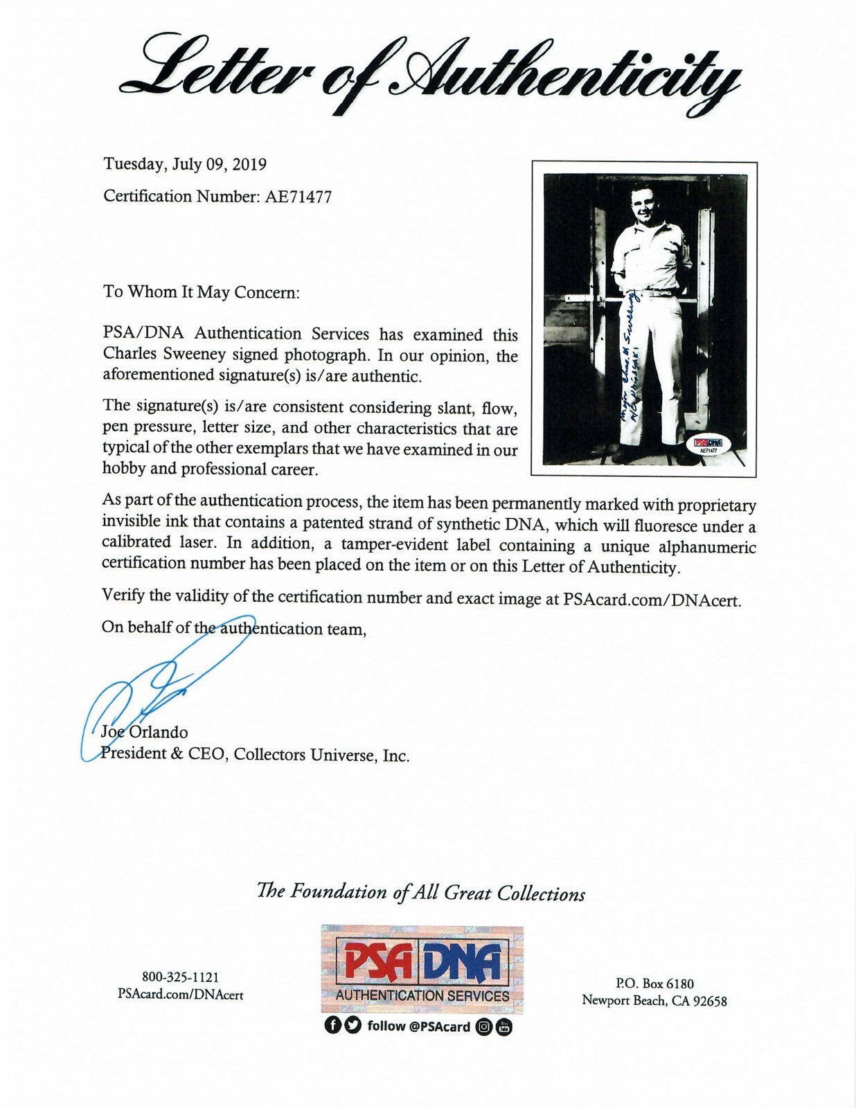 CHARLES SWEENEY SIGNED 5x7 PHOTO PSA DNA AE71477 (D) WWII PILOT BOCKSCAR C-151