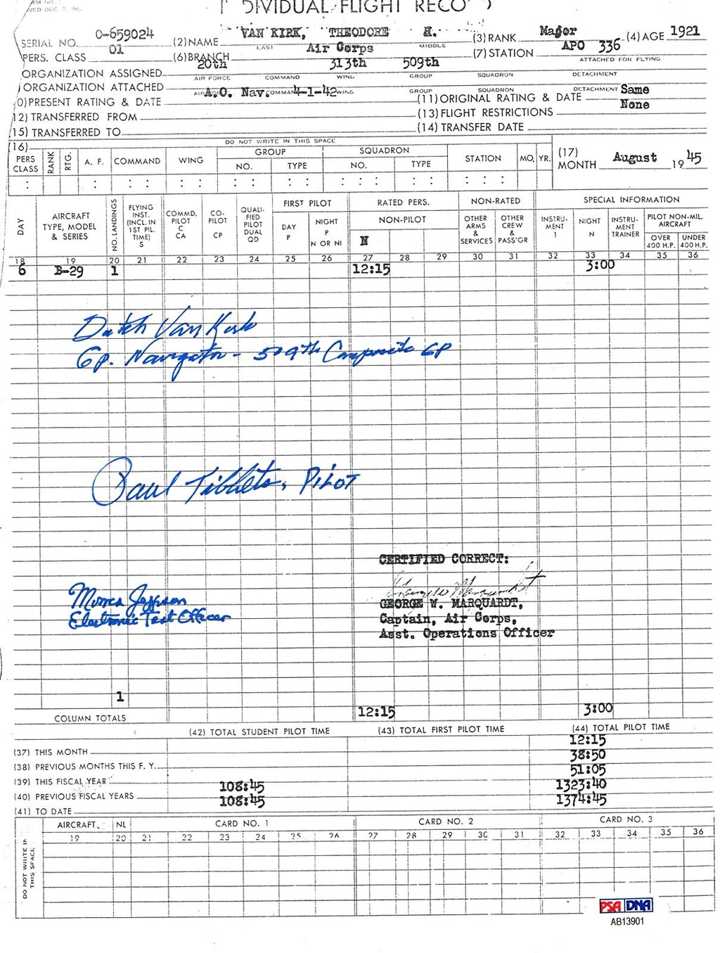 DUTCH VAN KIRK SIGNED FLIGHT RECORD DOCUMENT PSA DNA AB13901 TIBBETS JEPPSON0