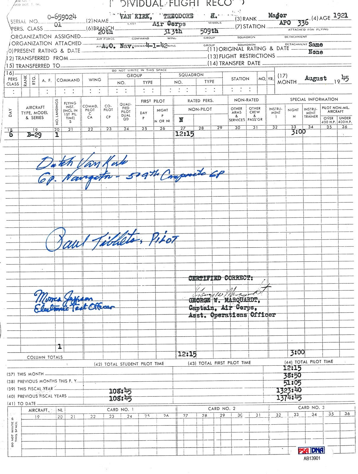 DUTCH VAN KIRK SIGNED FLIGHT RECORD DOCUMENT PSA DNA AB13901 TIBBETS JEPPSON0