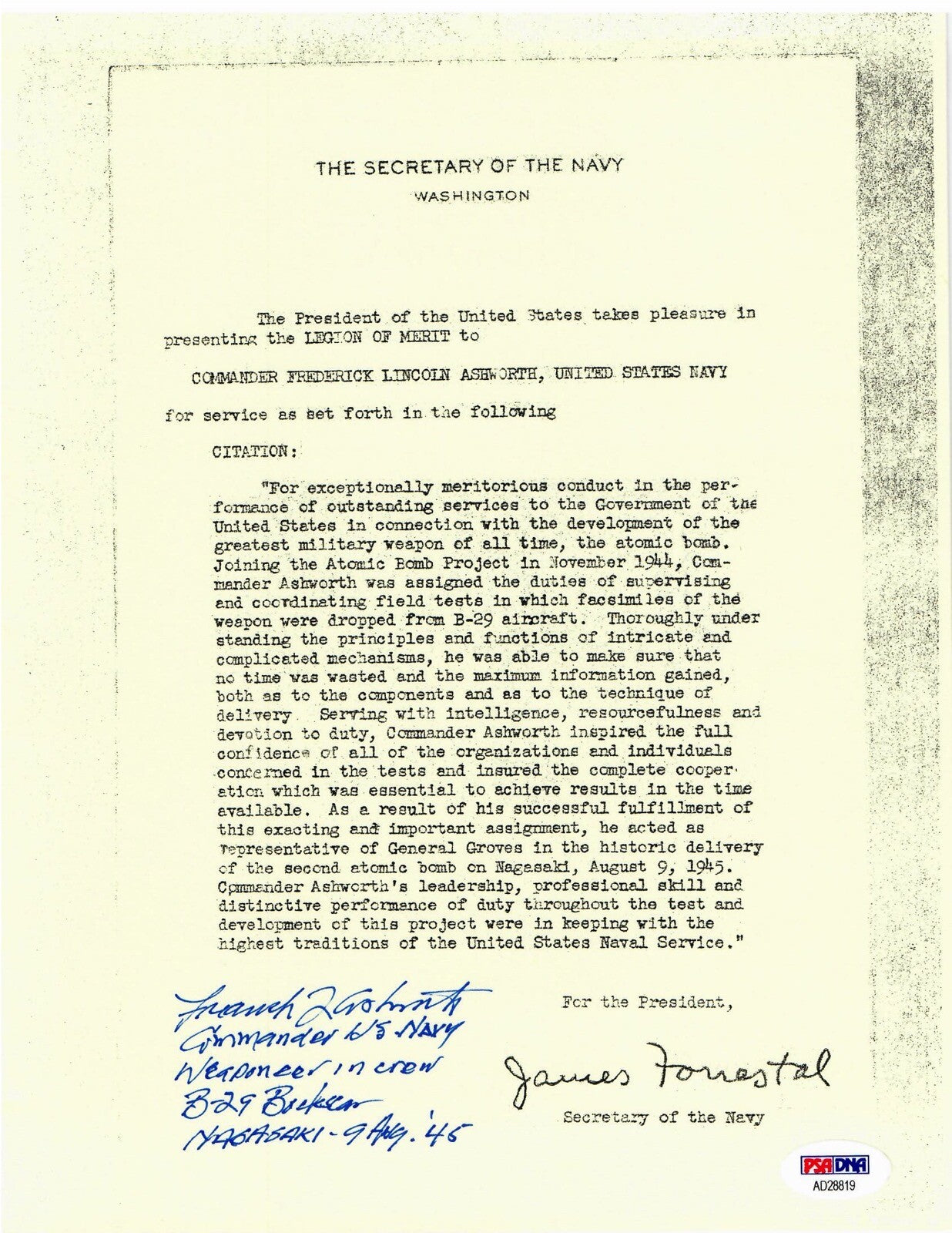 FREDERICK ASHWORTH SIGNED LEGION OF MERIT DOCUMENT PSA DNA AD28819 (D) WWII0