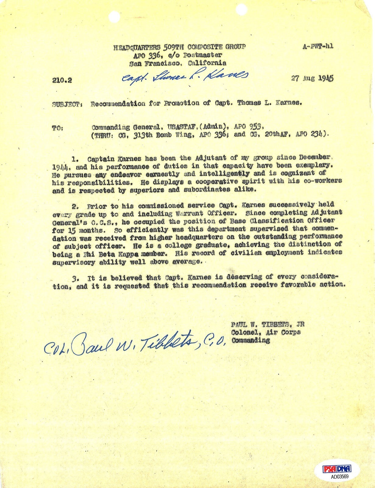 PAUL TIBBETS / THOMAS KARNES SIGNED 509TH COMP GROUP DOCUMENT PSA DNA AD035690