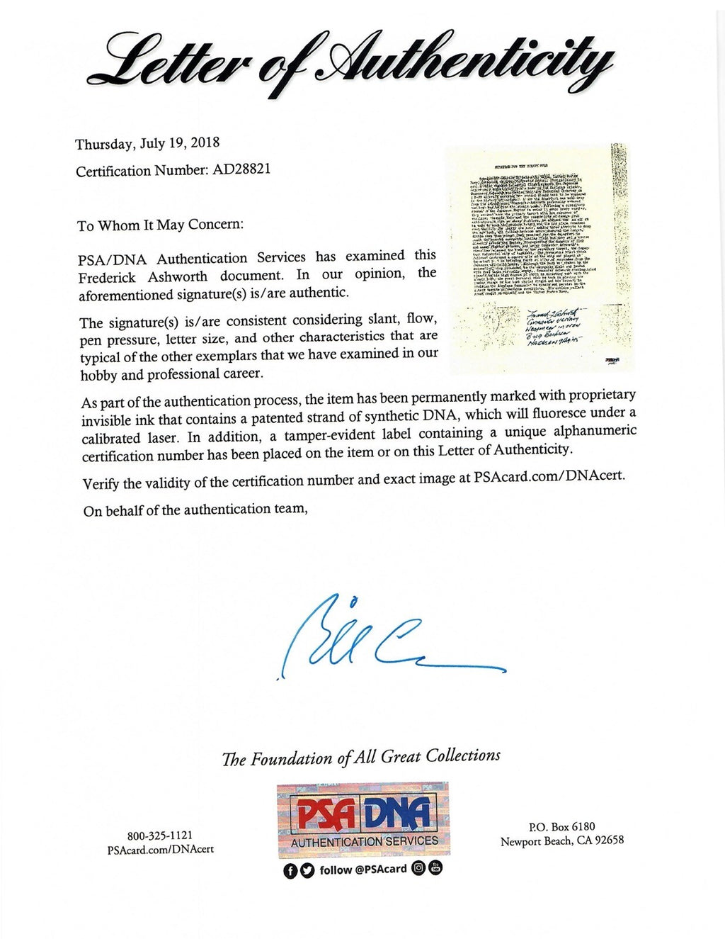 FREDERICK ASHWORTH SIGNED SILVER STAR CITATION DOCUMENT PSA DNA AD28821 (D)1