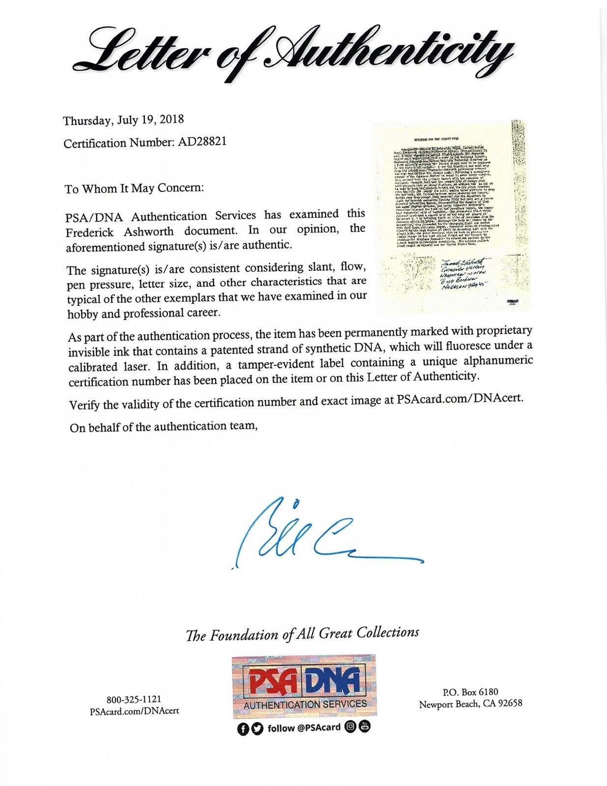 FREDERICK ASHWORTH SIGNED SILVER STAR CITATION DOCUMENT PSA DNA AD28821 (D)1