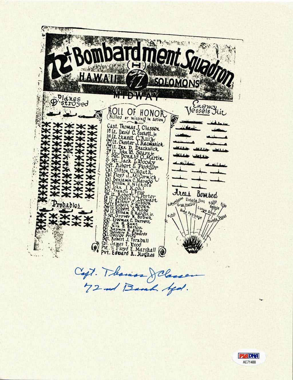 THOMAS CLASSEN SIGNED ROLL OF HONOR DOCUMENT PSA DNA AE71488 (D) WWII 72ND BS0